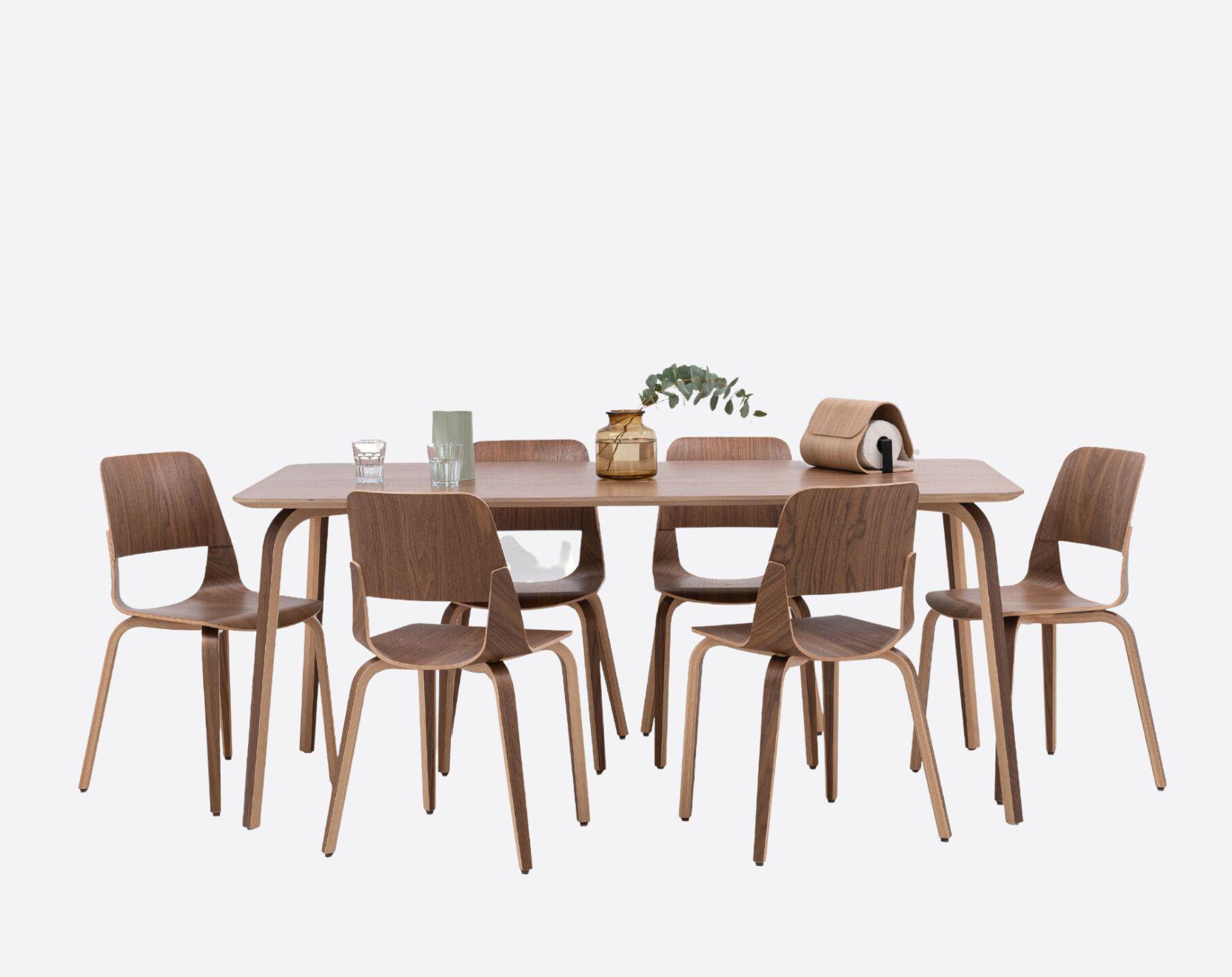 Dining set of walnut table and 6 chairs