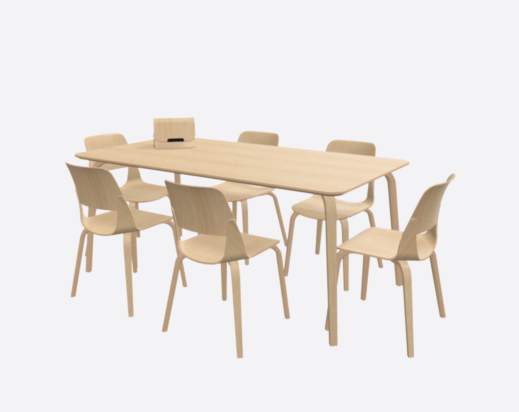 Dining set of oak table, 6 chairs and paper holder