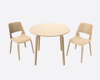 Egy skandináv tölgyfa körasztal két székkel, amelyek stílusos és meghitt étkezőteret teremtenek.