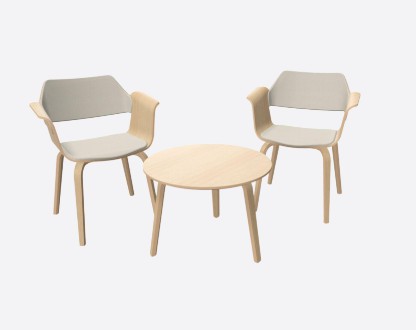 Egy skandináv tölgyfa dohányzóasztal két karfás székkel, amelyek stílusos és meghitt nappali teret teremtenek.