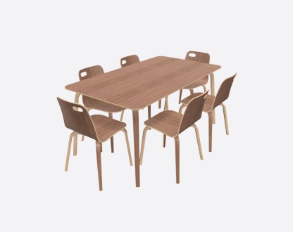 Egy skandináv diófa étkezőasztal hat székkel, amelyek stílusos és meghitt étkezőteret teremtenek.